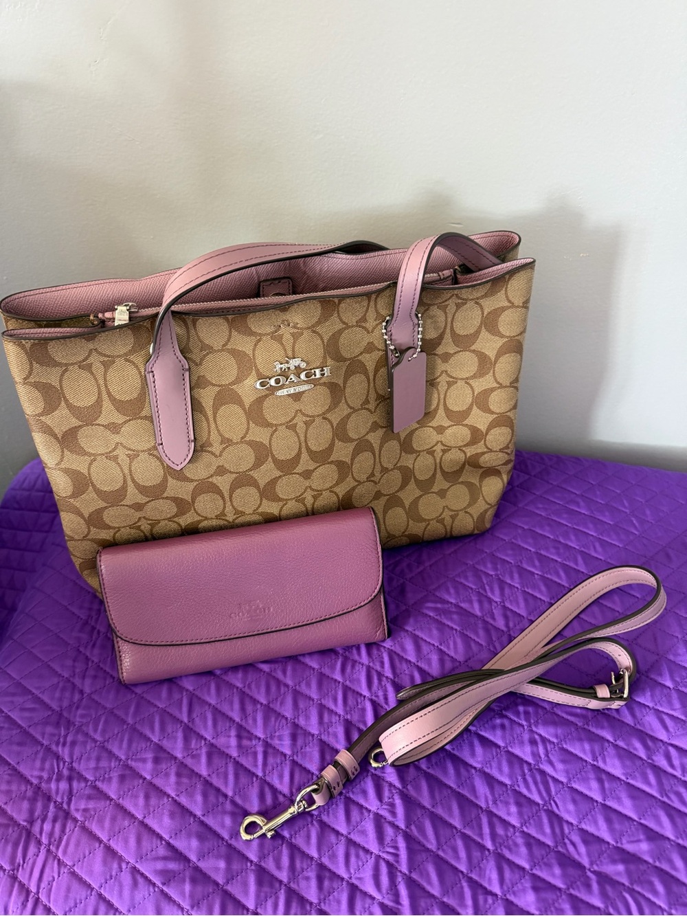 Coach Beige Signature Canvas Tote with Pink Leather Trim and Accessories